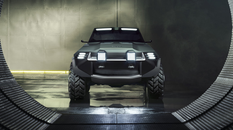 An Aston Martin Dreadnought concept military SUV shown from the front.