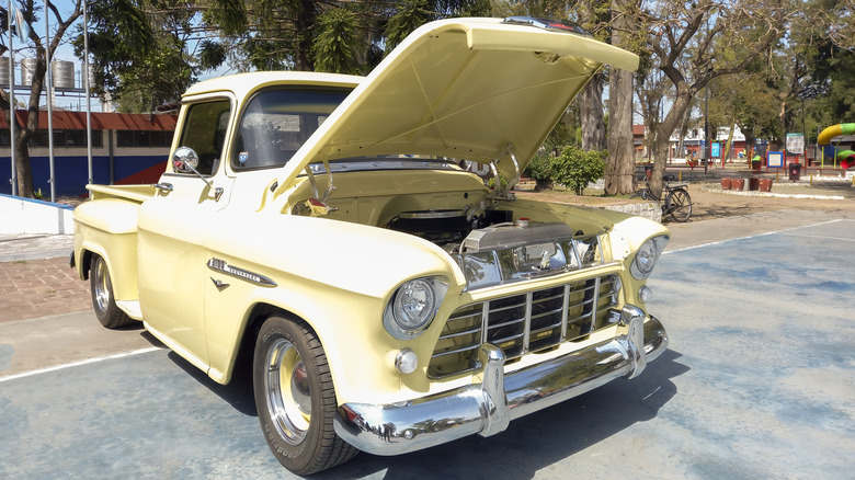 Front-quarter shot of a yellow Chevrolet Apache 3100 pickup truck