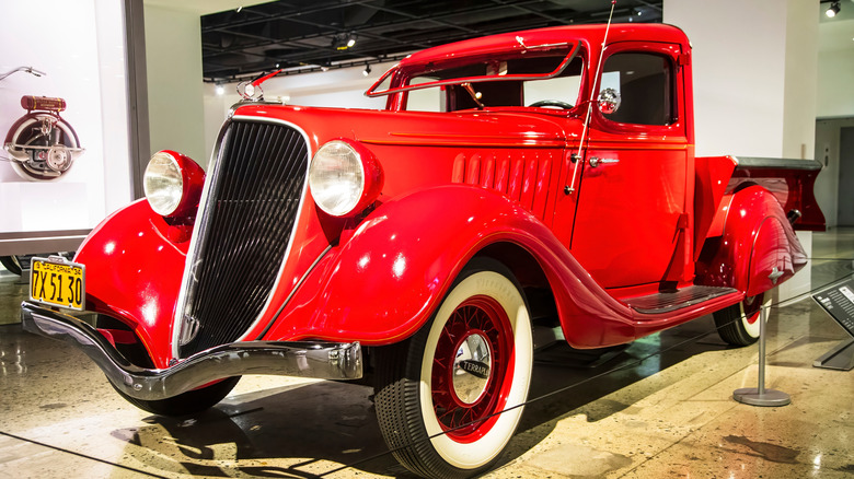 1930s Hudson Terraplane pickup truck in bright red in a museum