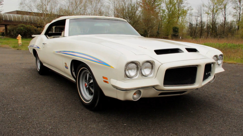 A white 1971 Pontiac GTO Judge Convertible