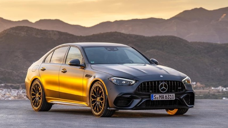 A gray Mercedes-AMG C 63 S E Performance parked on pavement.