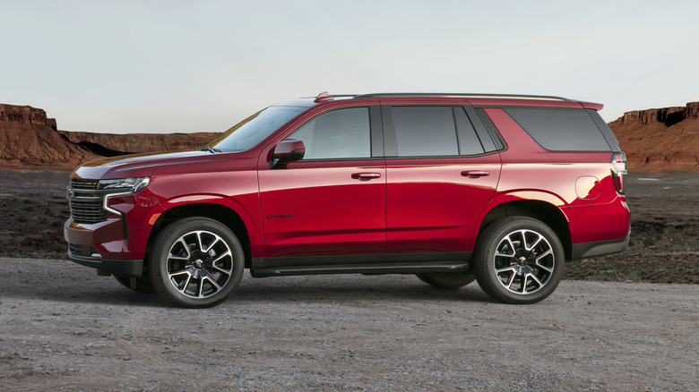 The driver side view of a 2021 Chevrolet Tahoe RST