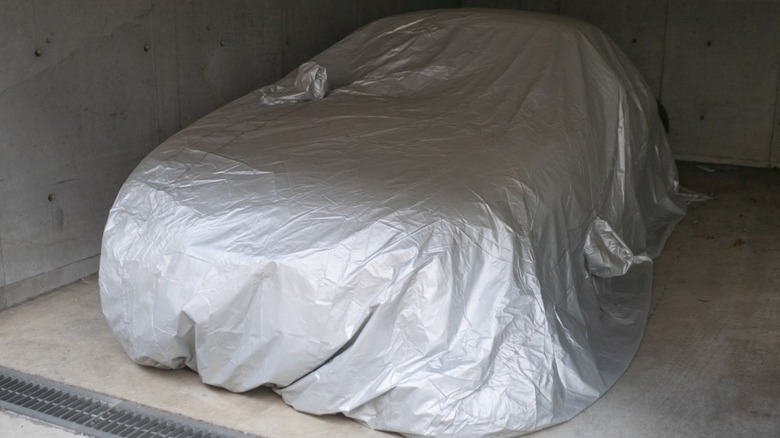 Car parked in storage with cover