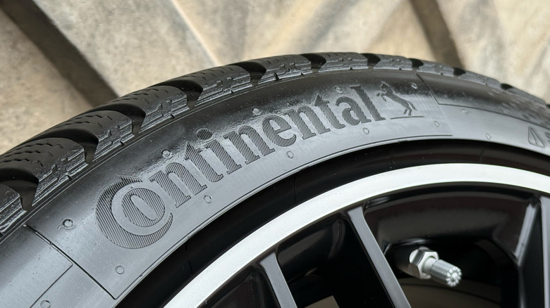 A close-up of a Continental tire mounted on a rim.