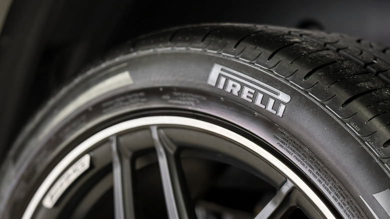 A close-up of a Pirelli tire mounted on a wheel.