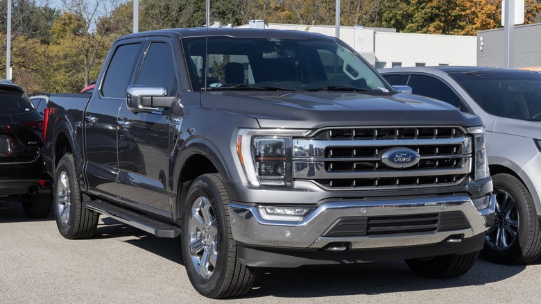 Front-quarter shot of a gray Ford F-150