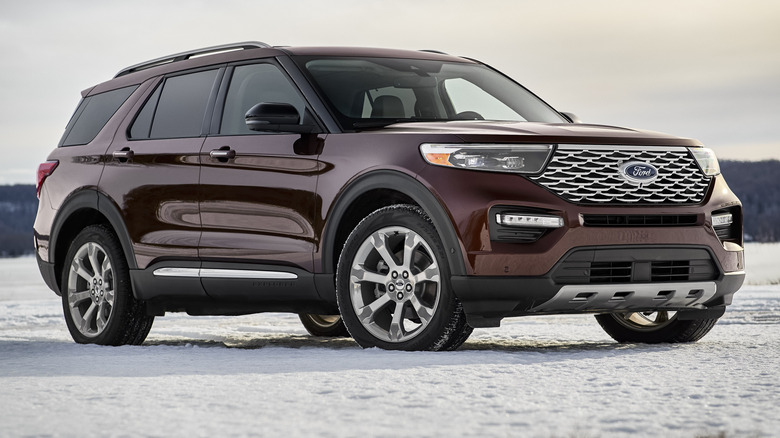 A 2020 Ford Explorer Platinum parked on a snow-covered surface