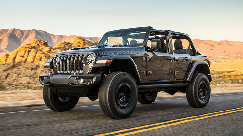 A grey Jeep Wrangler Rubicon 392 driving in the highway