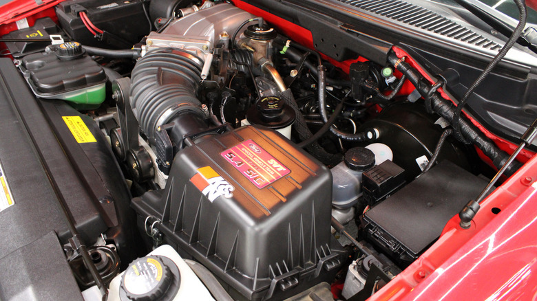 The F-150 Lightning's SVT badge on the air filter and the engine