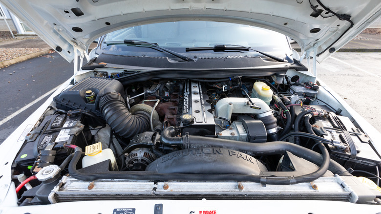A Dodge 3500 with a Cummins engine on display