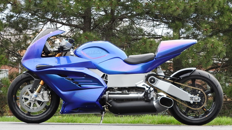 The side profile of a blue MTT Y2K jet-powered superbike