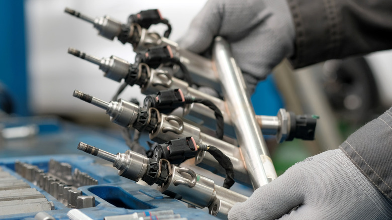 Close-up view of a car's fuel injectors
