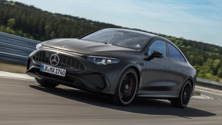 Front 3/4 of a matte black Mercedes-AMG CLA45