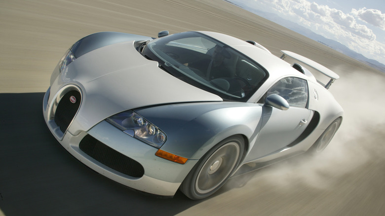 Overhead shot of a Bugatti Veyron speeding in the desert