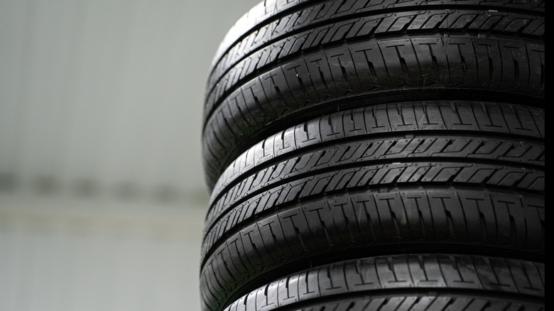 Tires stacked on top of each other.