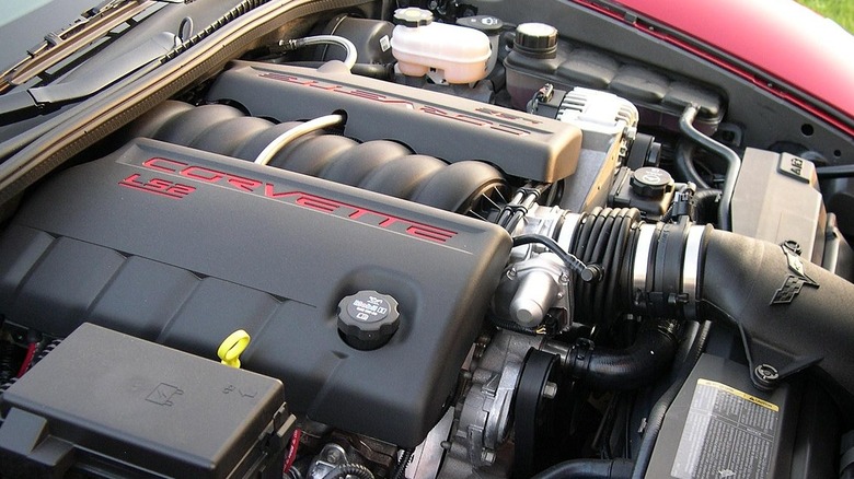 An under-hood shot of an LS2 engine