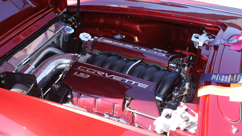 An LS3 V8 swapped in a modified classic car's engine bay