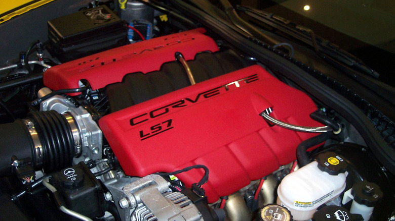 An LS7 engine under the hood of a C6 Corvette Z06
