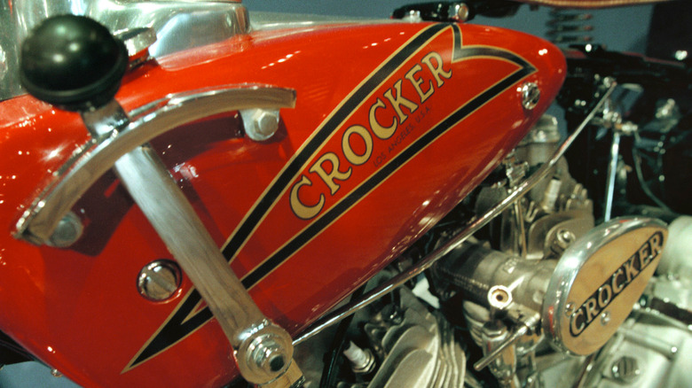 Red 1936 Crocker Small Tank motorcycle on display at a museum