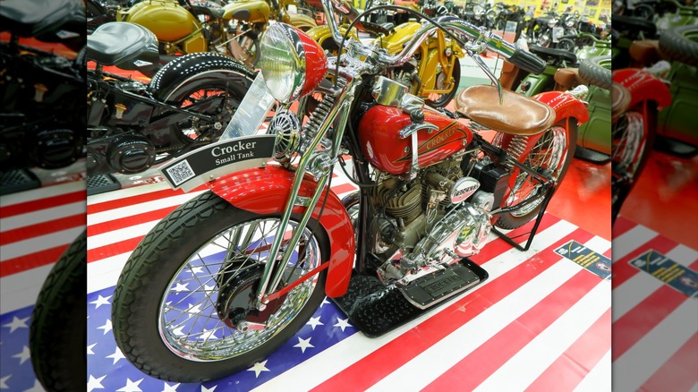 A red 1937 Crocker motorcycle on display in a Russian museum