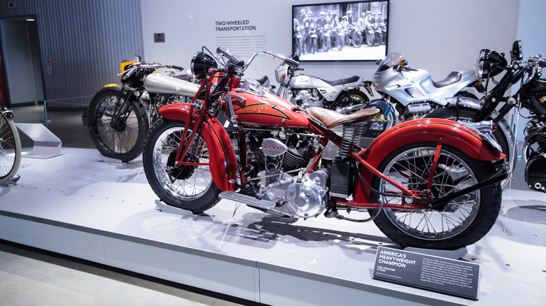A red 1939 Crocker motorcycle on display
