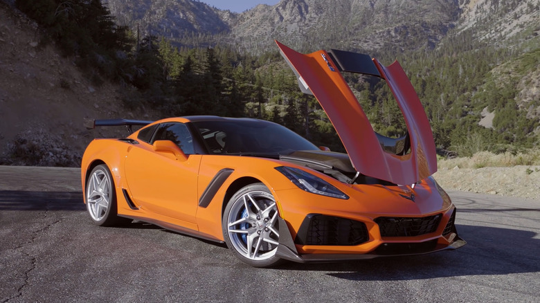 Front shot of a 2019 Corvette ZR1 with hood open