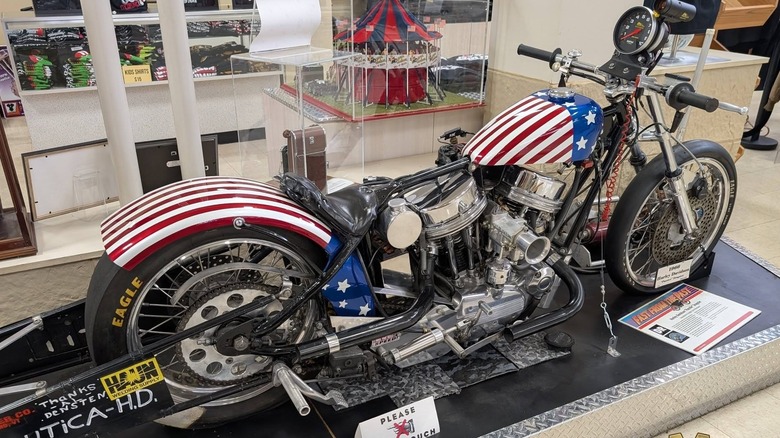 A 1966 Harley-Davidson "Panster" Dragster chopper on display at the Motorcyclepedia Museum.