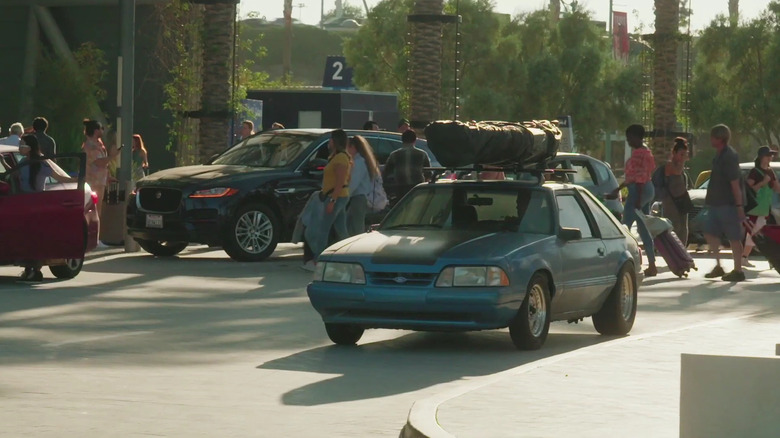 A behind the scenes image of the blue 1993 Fox Body Mustang from "Fast X"