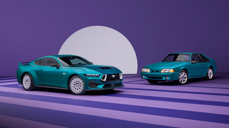 A modern teal Ford Mustang with the FX Package featuring white rally-style wheels and white grille accents, displayed alongside a classic teal Fox-body Mustang against a purple retro backdrop.