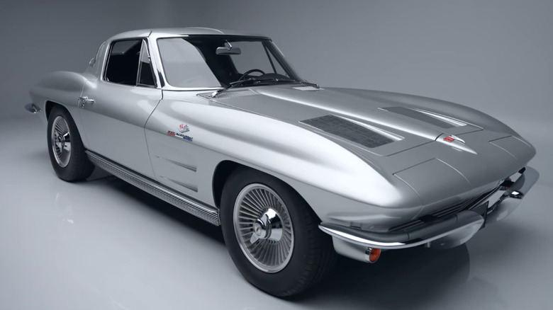 Front-side view of a restored silver 1963 Chevrolet Corvette Z06.