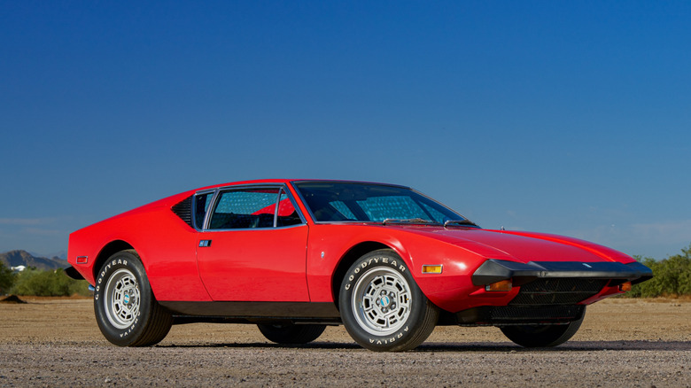 Three-quarter view of a red DeTomaso Pantera.