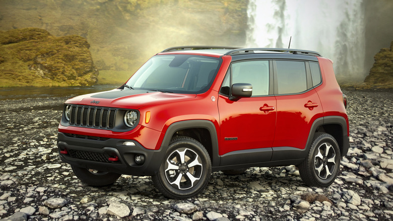 2020 previous-generation Jeep Renegade SUV front left three-quarter view in front of a waterfall