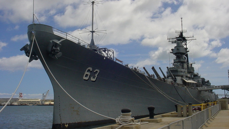 Battleship USS Missouri seen from from port side view berthed in Pearl Harbor, Hawaii