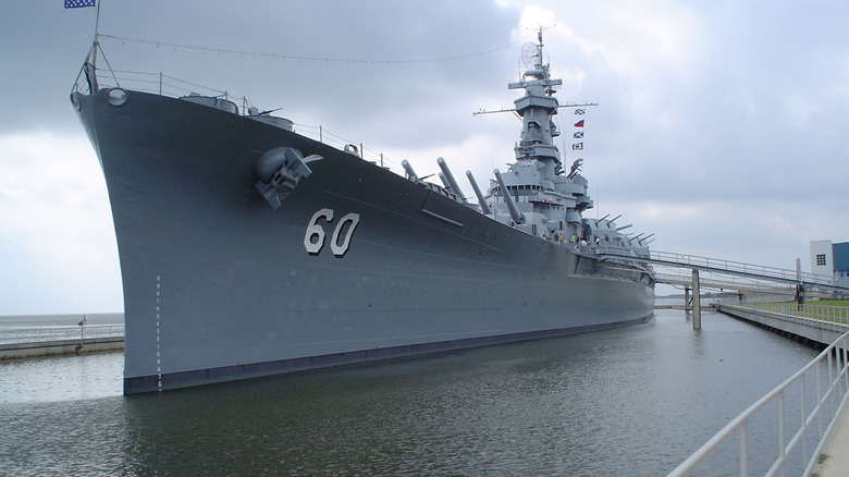 Battleship USS Alabama seen from front port side fiew berthed in Mobile, Alabama