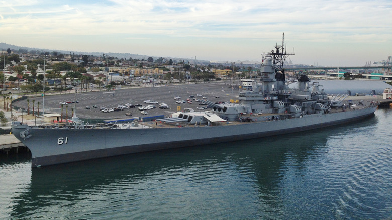 Battleship USS Iowa seen from high port side view berthed in Los Angeles
