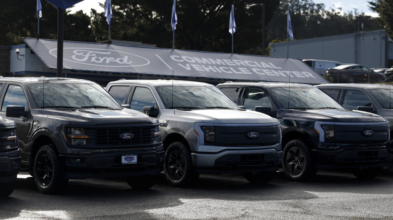Ford pickup trucks are displayed on the sales lot at Serramonte Ford on January 06, 2026 in Colma, California.