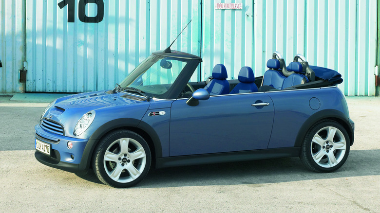 Press image of a blue 2004 Mini Cooper S Convertible.