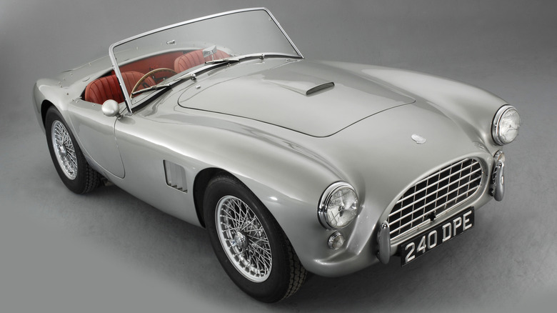 High-angle view of a 1957 AC Ace Bristol in silver.