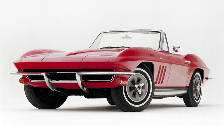 Close up, low-angle image of a 1965 Corvette convertible.