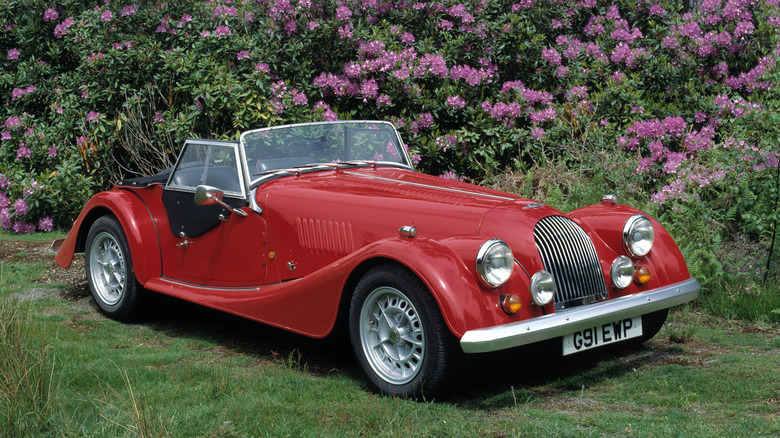 Passenger side three-quarter view of a Morgan Plus 8 on a flowery background.