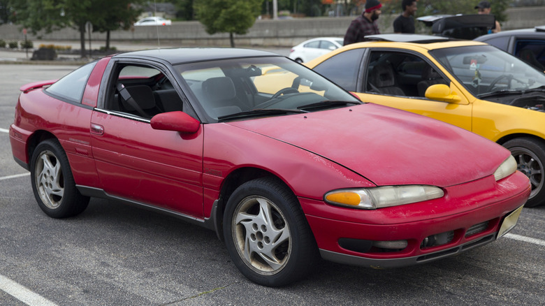 Three-quarter view of 1992 Plymouth Laser RS Turbo in red.