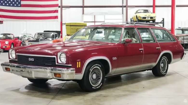 A 1973 Chevelle Malibu SS Wagon parked in a shop, front 3/4 view.