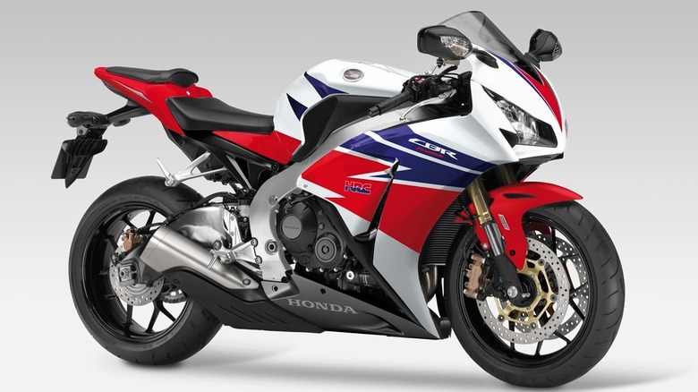 A white, red, and blue 2013 Honda CBR1000RR.