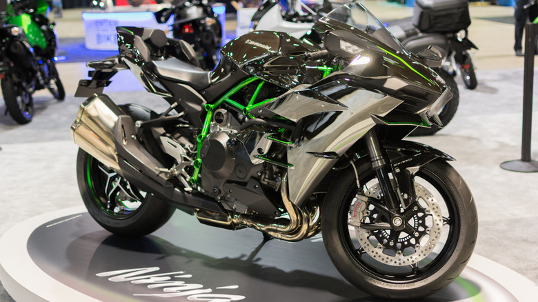 A Kawasaki Ninja H2 motorcycle on display at 2015 International Motorcycle Show