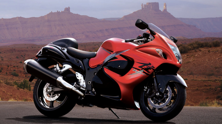 A 2008 Suzuki Hayabusa parked in front of a desert landscape.