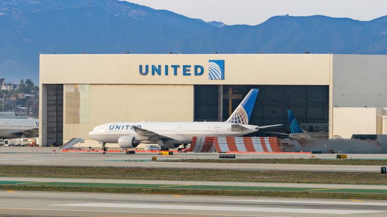 A general view of the United Airlines airplane hangar at Los Angeles international Airport on January 13, 2021 in Los Angeles, California.