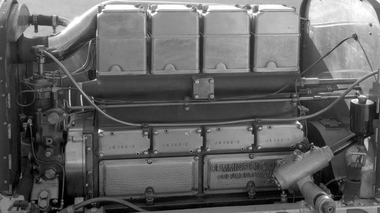 A closer look at the four-cylinder Cummins diesel engine of the No.8 Cummins racing car