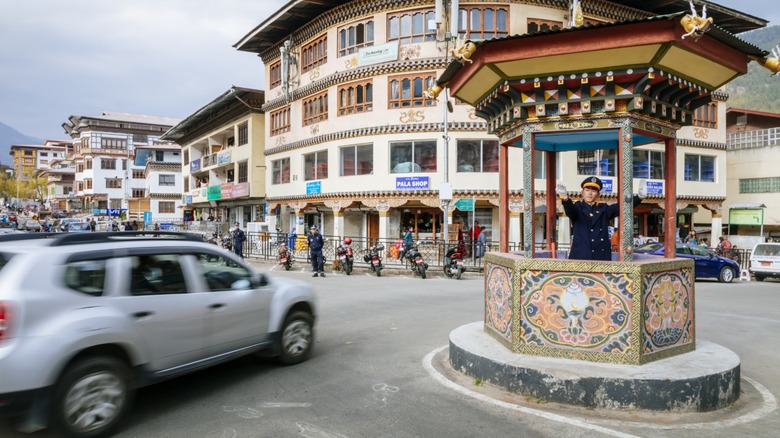 An officer directing traffic in Thimphu, Bhutan.