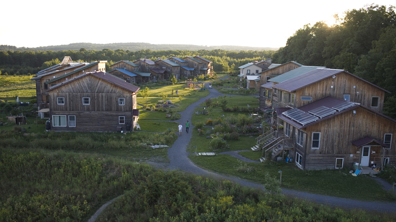 Drone shot of EcoVillage Ithaca, a walking cohousing community in upstate New York