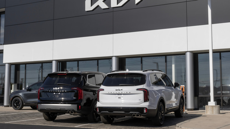 Two Kia Tellurides parked outside of a Kia dealership.